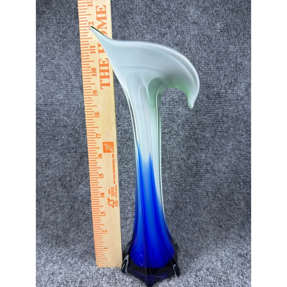 Vintage Art Glass Calla Lily Bud Vase Blue White Green Tri-Color 12 Inch